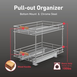 Mount Walker Pull Out Cabinet Organizer(14" W x 21" D), 2 Tier Slide Out Shelves with Wood Handle, Sliding Drawer Pull Storage Shelf for 15-1/4” Cabinet Opening, Chrome