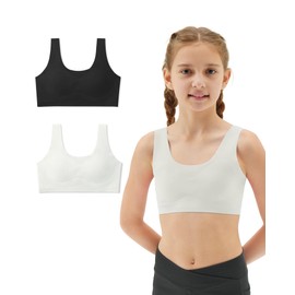 Sascina Kids Bras for Girls 10-12 Seamless Teen Girls Sports Bra Ultra Comfort Soft Tween Bras 10-16 Removeable Padding Black+Bone White