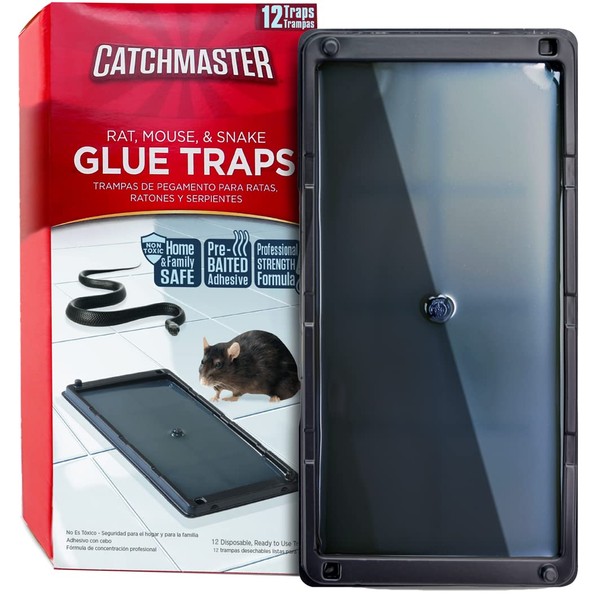 Catchmaster Glue Mouse Traps Indoor for Home 12PK, Bulk Glue Traps for Mice and Rats, Pre-Baited Adhesive Plastic Trays for Inside House, Snake, Lizard, Insect, & Spider Traps, Pet Safe Pest Control