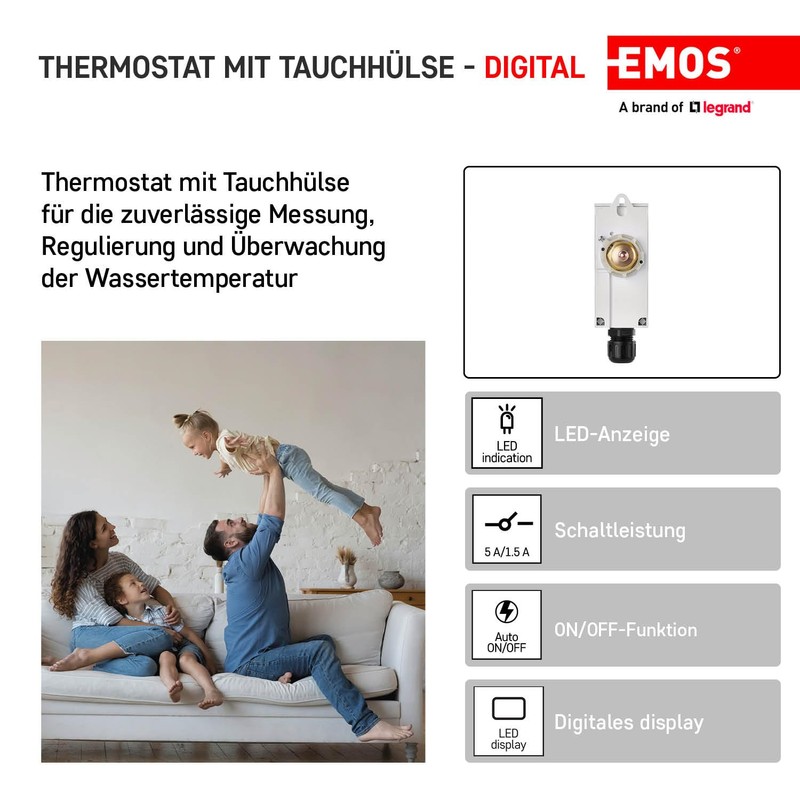 EMOS - digital thermostat with immersion sleeve and hysteresis function