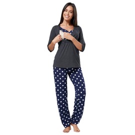 HAPPY MAMA. Women's Maternity Top Nursing Breastfeeding Pyjamas Nightwear. 060p (Navy with Dots, UK 14, XL)