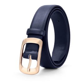 XZQTIVE Women Leather Belts for Jeans Pants, Black/Brown Waist Dress Belts with Gold/Silver Buckles, Fit Sizes S to XL, Navy Belt with Gold Buckle, Fit Waist Size 45-50 inches