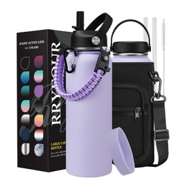Insulated Water Bottle 40 oz - with Straw & Spout Lids, 40OZ Stainless Steel Water Flask with Paracord Handle, Storage Sleeve & Cup Boot, Leak Proof & Keep Cold-48H & Hot-12H Metal Water Jug, Purple