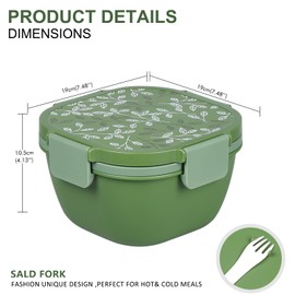 Greentainer Lunch Box Leak-Proof Bento Box with 1 Fork, Salad Container with Dressing Container, 3 Compartments Salad Box-to-Go for School, Work, Picnic, Travel, Camping - Green