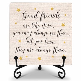 Friend Decor Desk Sign, Good Friends Are Like Stars Wood Sign, Gifts for Good Friends, Rustic Friendship Plaque Sign With Iron Stand, Farmhouse Home Office Decorations -71