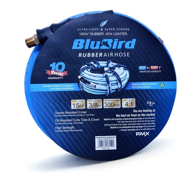 BLUBIRD BB3815 3/8" x 15' Rubber Air Hose, 100% Rubber, Lightest, Strongest, Most Flexible, 300 PSI, 50F to 190F Degrees, Ozone Resistant, High Strength Polyester Braided