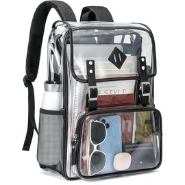 Clear Backpack Large Capacity Heavy Duty Transparent PVC Backpack with Leather Trim for Women College Work Travel - Colour: Khaki