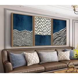 Framed Wall Art Canvas Set Mid Century Boho Picture Modern Abstract Geometric Lines Wall Decor Minimalist Black Indigo Canvas Painting Artwork Living Room Bedroom Home Office 16"x24"x3 Natural