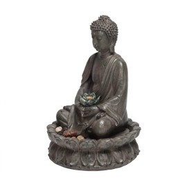 Alpine Corporation GEM178 Indoor Tabletop Meditating Buddha Water Fountain with LED Lights and Lotus Flower, 19", Beige