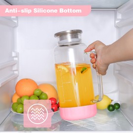 Glass Pitcher with Lid, 68oz Water Pitcher with Silicone Base and Precise Scale Line, Ice Tea Pitcher for Fridge, Anti-Slip and Easy to Clean, Glass Jug for Sun Tea Juice Coffee Milk Beverage (Pink)
