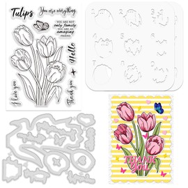 ORIGACH Tulip Layering Stencil Stamp and Die Set for Card Making, Flower Stencil Template Silicone Clear Stamps and Metal Die Sets for DIY Scrapbooking Photo Album Crafting
