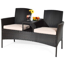 HAPPYGRILL Outdoor Loveseat with Removable Cushions and Coffee Table, Rattan Patio Wicker Conversation Set for Garden Lawn Backyard