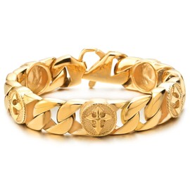 COOLSTEELANDBEYOND Mens Gold Color Stainless Steel Curb Chain Link Bracelet with Vintage Cross Charms