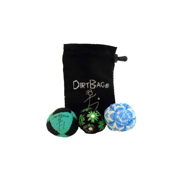 Dirtbag All Star Footbag Hacky Sack 3 Pack with Pouch, 100% Handmade, Premium Quality, Bright Vivid Colors, Signature Carry Bag - Green/Black