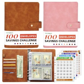 DONBAO 100 Envelopes Money Saving Challenge Binder, A5 Budget Binder with Envelopes and Challenge Tracker, 2024 New Savings Challenges Planner Book to Save $500, $1000, $5050, $10000 (Brown and Pink)
