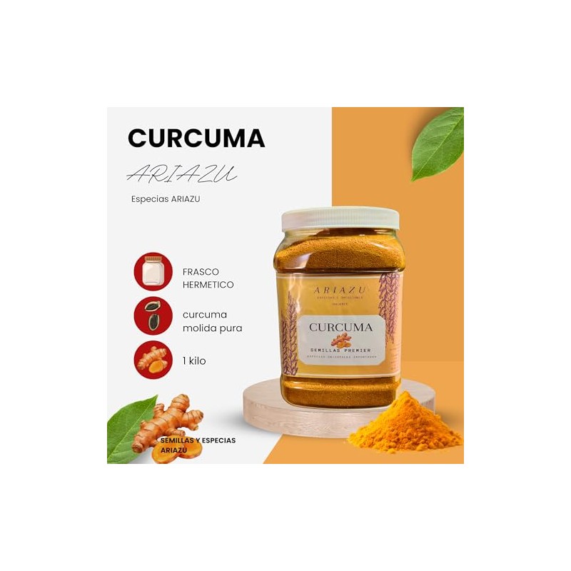 ARIAZU Curcuma en polvo 1kg frasco hermetico reusable 1 kilo