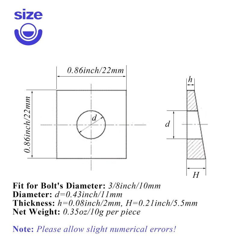 10 PCS 3/8 Beveled Square Washers in Plain Carbon Steel