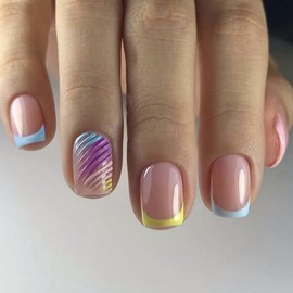 24Pcs Square Press on Nails Short Fake Nails Reusable French Tip False Nails Colorful Stripes Acrylic Nails Press on Nude Glossy Stick on Nails Full Cover Pink for Women DIY Manicure Decorations