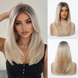 MS.FEEL Blonde Wigs For Women Medium Length Layered Straight Wig Middle Part Glueless Synthetic Wigs for Daily Party Use 16 Inch