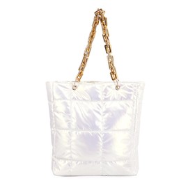 Segreto Women's Lattic Cotton Lattic Handbag Padded Quilted Chain Shoulder Bags Down Shoulder Bag Trending Bags, Pearl White