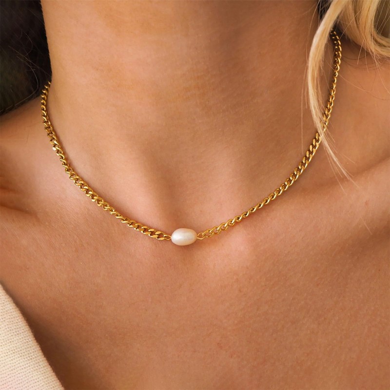 Inateannal Boho Pearl Choker Necklace Chunky Cuban Link Chain Necklace