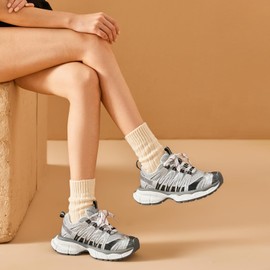 BEAU TODAY Platform Sneakers for Women, Womens Fashion Sneakers, Non-Slip Comfortable Retro Chunky Leather Dad Shoes Silver US 5