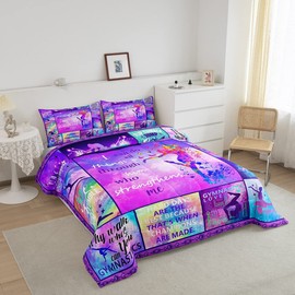 Gymnastics Girl Comforter Set Queen Size,Rainbow Color Pastel Dancer Bedding Set for Kids Women,Watercolor Butterflies Quilt Set,Gymnastic Gift Duvet Insert with 2 Pillowcases Bedroom Decor
