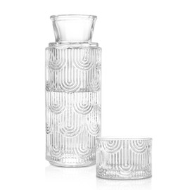 Bedside Water Carafe and Glass Set, 21.6 oz Glass Pitcher with 6 OZ Cup Drinking Cup as Lid, Mouthwash Dispenser for Bathroom, Bedroom Nightstand Serving Decanter Dispenser for Water, Juice, Tea