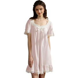 Nanxson Cotton Nightgown for Women Short Sleeve Princess Nightdress Victorian Nightwear Lace Ruffled Nighties with Bow (Medium,Pink)