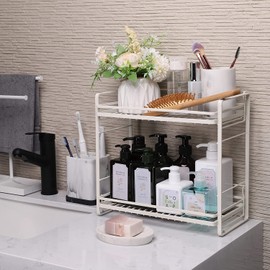 zccz 2-Tier Bathroom and Kitchen Organizer - Skincare Storage - Easy Assembly Countertop Rack - White Cream Color Multi-Purpose Holder for Bathroom or Kitchen Essentials - Compact and Durable Design