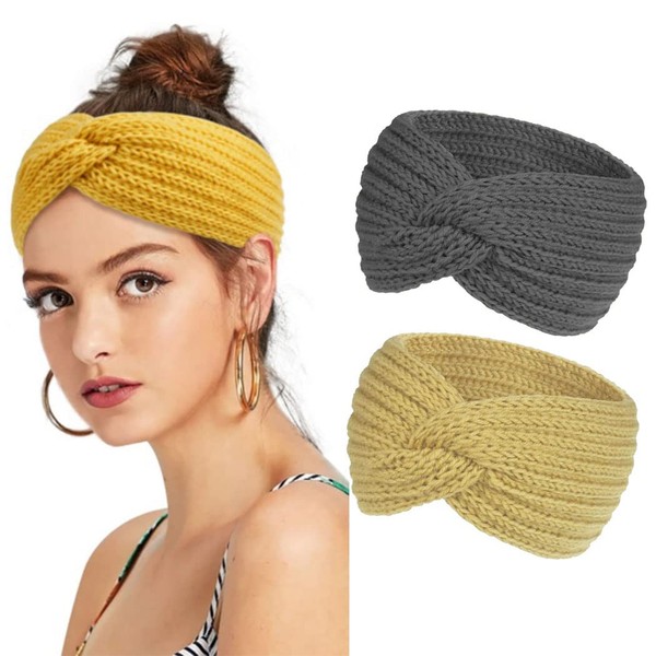 Zoestar Winter Knit Headbands Knitted Cable Twisted Head Wraps Crochet Braided Hair Bands Thick Ear Warmers Headscarves for Women and Girls (Pack of 2) (Yellow and Dark Grey)