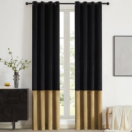 BULBUL Black Gold Color Block Window Curtains Panels 90 inches Long Velvet Farmhouse Drapes for Bedroom Living Room Darkening Treatment with Grommet Set of Black Gold
