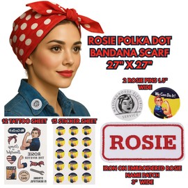 Rosie The Riveter Costume Kit, Bandana, Name Patch, Pin Badges, Stickers and Tattoo's 1940s Woman Historically Accurate Dress-Up Accessories