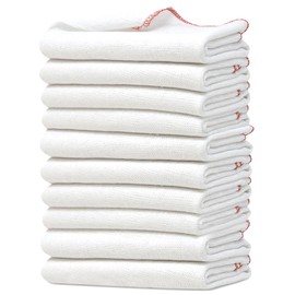 Towelogy Premium Extra Large Dish Cloths Pack of 10 - Cotton 38 x 45cm Odour Free & Super Absorbent Kitchen Dish Towels (White/Red Edges, 10)