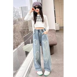 NABER Kids Girls' Casual Elastic Waist Denim Pants Heart Pattern Fashion Wide Leg Jeans Age 11-12 Blue