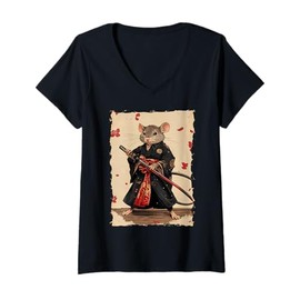 Womens Samurai Mouse Art - Ukiyo-e Warrior V-Neck T-Shirt