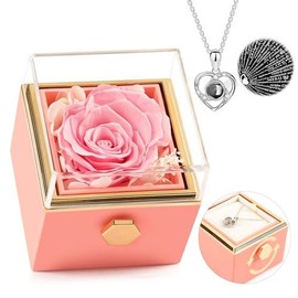 Preserved Real Purple Forever Rose Rotating Box with I Love You Necklace 100 Languages Flowers Gifts for Women Mom Wife Girlfriend Mothers Day Birthday Anniversary - Color: Pink