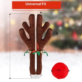 VaygWay Reindeer Antlers and Nose Set for Christmas Car Decorations Kit with Reindeer Antler- Xmas Jingle Bells & Nose for Car Christmas Costume Accessory Perfect for Holidays- 2pk
