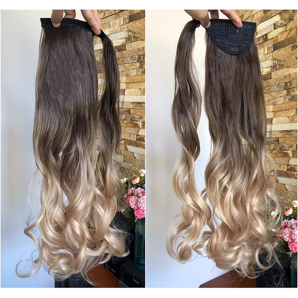 20" 22" Long One Piece Straight Curly Wavy Clip in Wrap around Ombre Ponytail Hairpieces (20" Curly - Chocolate brown to sandy blonde)