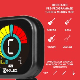 KLIQ UberTuner PDQ - Rechargeable Professional Clip-On Tuner for All Instruments - with Guitar, Ukulele, Violin, Bass & Chromatic Tuning Modes, Black (also for Mandolin and Banjo)