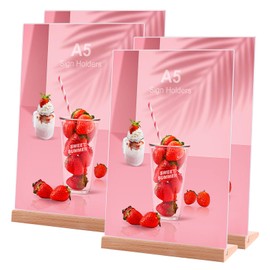 Srvnpioy A5 Stand Table Stand, Pack of 4, Menu A5 Stand, Advertising Stand, L Stand, Wooden Base, Menu Card Holder, A5 Made of Crystal Clear Acrylic for Restaurants, Menus, Documents, Office