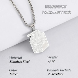Ticome Exquisite Stainless Steel Juice Box Pendant Necklace,Simple Personality Fashion Jewelry Hip Hop Trend Necklace,Beverage Box Pendant Presents Decorations(Silver)