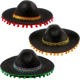 3 Pack Mexican Sombrero Hat Black Felt Fiesta Large Sombrero Hat with Ball Fringe for Mexican theme Party Outfit Accessories