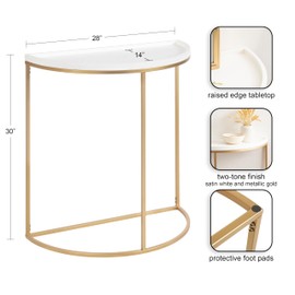 Kate and Laurel Dorrah Mid-Century Half-Circle Console Table for Entryway Storage and Decor, 28x14x30, White/Gold