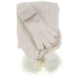 Girls 2-Piece Pom Pom Scarf & Gloves Set (7-10 Years, Ecru)