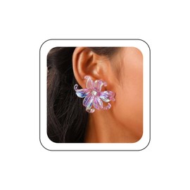 Wendalern Boho Acrylic Flower Earrings Large Resin Floral Stud Earrings White Multi-petal Rhinestone Flower Buds Earrings Vintage Flower Shaped Iris Earrings Jewellery for Women, Acrylic, No Gemstone