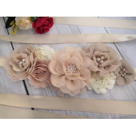 Oyabridal Flower Maternity Sashes for Baby Shower Pregnancy Sash Belt Baby Shower Sash Belt for Women, Champagne, 92‘’WX1'' L
