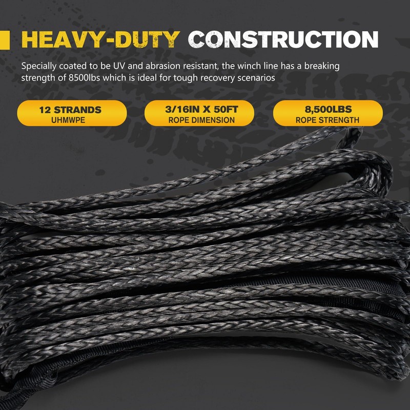 BUNKER INDUST Synthetic Winch Rope Kit,3/16" x 50' 8200 LBS