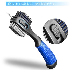 Golf Club Brush, Clean, Maintenance Tool, Wire, Nylon, Needle Storage, 3 Sides, Expandable String, Carabiner Hook Included, Non-slip Rubber Handle, Portable, Lightweight, Multi-Purpose, Blue