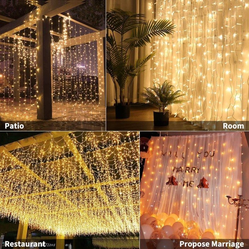 Brightown 600LED Warm White Curtain String Lights 8 Modes Remote